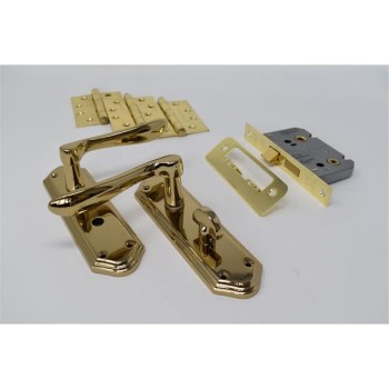 Ultimate Door Pack Shelbourne Bathroom On Plate, Lock And 3 Hinges Brass