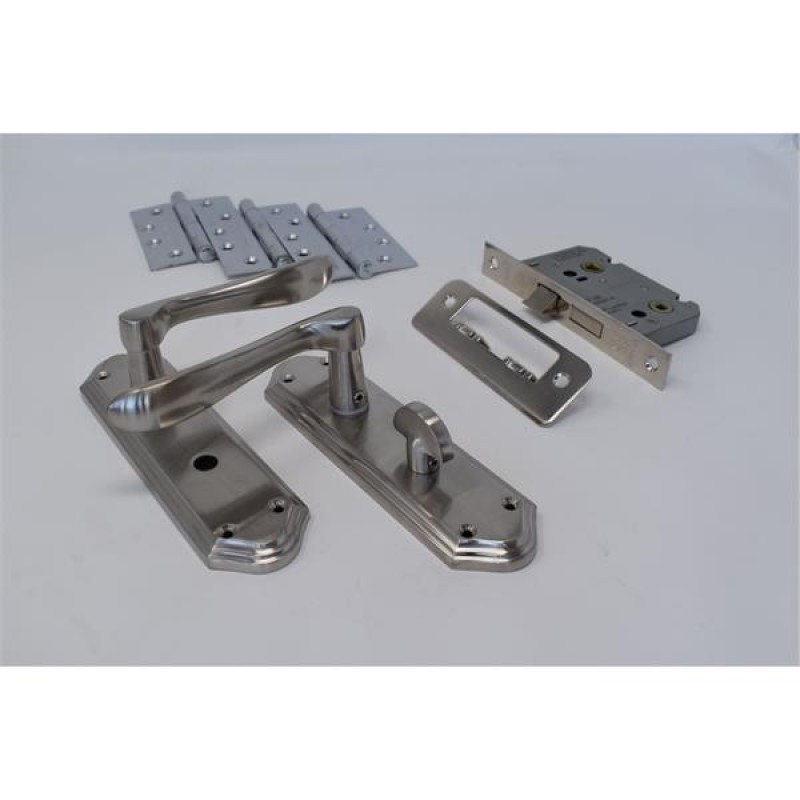 Ultimate Door Pack Shelbourne Bathroom On Plate, Lock And 3 Hinges Satin Nickle